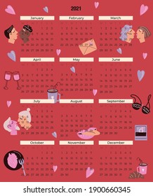 Modern vector red calendar for 2021 with set of elements for decor for Valentine's Day in cartoon style. Flat strict cadendary form for 12 months with days of the week. Love calendar template.