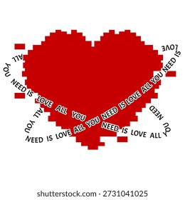 Corazón rojo de Vector moderno con efecto Glitch de moda y audaz mensaje de amor. Fondo transparente aislado de corazón rojo geométrico de moda. Etiqueta engomada del corazón del efecto del fallo técnico con la ilusión de distorsionado. EPS 10