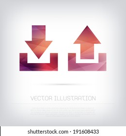 Modern vector red upload and download icons with colorful polygonal texture