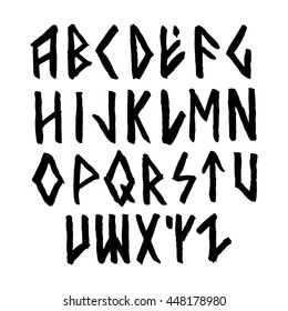 Modern vector runic style hand drawn alphabet. ABC painted letters. Ink lettering. Nordic font.
