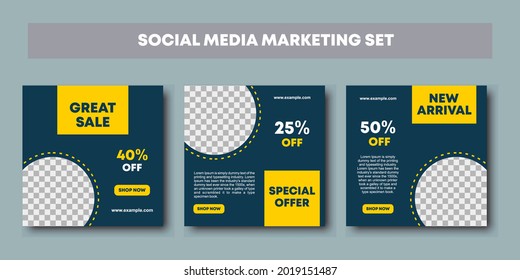 Modern vector sale banner collection social media feeds post. Blue and yellow color background template banners for social media post template, promo, discount, sale. Vector illustration