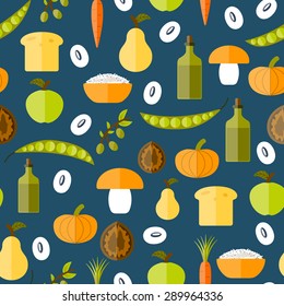 Modern vector seamless background with objects in flat shadow style on vegan food theme: fruit, vegetable, mushroom, soy, bean, oil, nut, bread, rice. Raw healthy food or vegan concept.