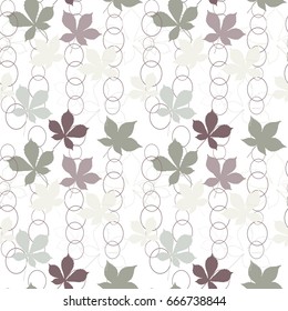 Modern vector seamless pattern with  abstract geometric circles and ovals and chestnut tree leaves.