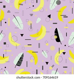 Modern vector seamless pattern with bananas, tropical leaves and trendy geometric elements. All elements are  hidden under mask. Pattern are not cropped and can be edited.