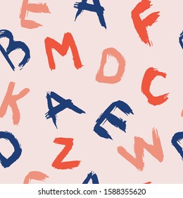 Modern vector seamless pattern in blue, pink colours. Hand drawn english alphabet. Silhouettes of letters drawn with brush strokes.