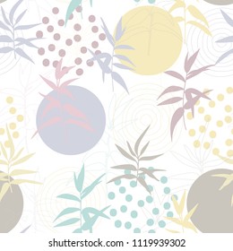 Modern vector seamless pattern, botanical motif with stylized twigs  and simple geometric shapes like circles.