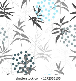 Modern vector seamless pattern, botanical motif with stylized twigs  and simple geometric shapes like circles.