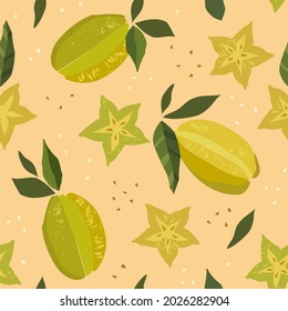 Modern vector seamless pattern with carambola. Trendy abstract design. Hand drawn textures for printing on fabric, paper, cover, interior decor, posters.