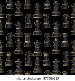 Modern vector seamless pattern with chess pieces.White silhouette of a rook,knight, king and queen. Illustration to design boardgames,hobbies,professional chess players. .Chess pieces