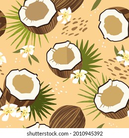 Modern vector seamless pattern with with coconut and exotic flowers. Trendy abstract design. Hand drawn textures for printing on fabric, paper, cover, interior decor, posters.