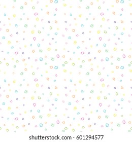 Modern vector seamless pattern with  colorful scribble dots shapes in bright colors. Freehand drawn rounded doodles in pastel colors on white background. Perfect for kids party invitations, gift paper