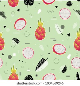 Modern vector seamless pattern with cute dragon fruits. All elements  are  hidden under mask. Pattern are not cropped and can be edited