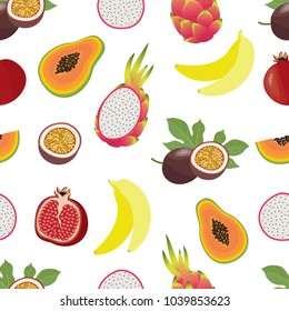 Modern vector seamless pattern with cute fruits. All elements  are  hidden under mask. Pattern are not cropped and can be edited. Papaya, pomegranate, passion fruit, banana and dragon fruit.