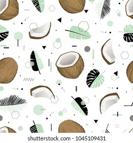 Modern vector seamless pattern with cute coconuts and tropical leaves. All elements  are  hidden under mask. Pattern are not cropped and can be edited
