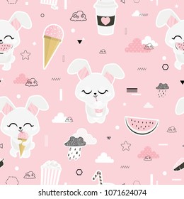 Modern vector seamless pattern with cute rabbits.  All elements  are  hidden under mask. Pattern are not cropped and can be edited. Bunny 