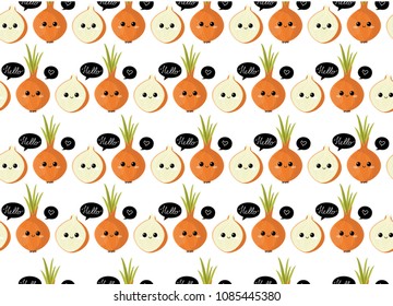 Modern vector seamless pattern with cute onion characters.  All elements  are  hidden under mask. Pattern are not cropped and can be edited