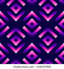 Modern vector seamless pattern with fading gradient geometric shapes isolated on dark blue background. Neon elements wallpaper. 