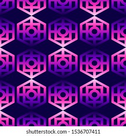 Modern vector seamless pattern with fading gradient geometric shapes. Neon elements wallpaper. Tribal oriental background.