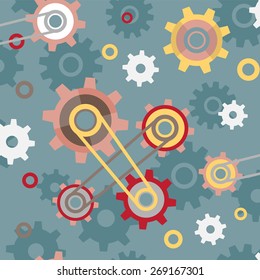 Modern vector seamless pattern with gears on the blue background. The image is blended on all 4 sides. Half drop repeating patterns.