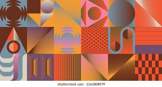 Modern vector seamless pattern graphics made with bizarre psychedelic color gradients and abstract geometric shapes and minimalist geometry forms. 