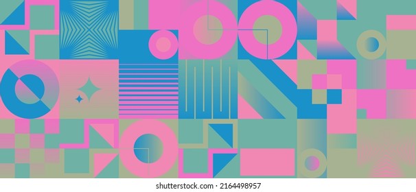 Modern vector seamless pattern graphics made with bizarre psychedelic color gradients and abstract geometric shapes and minimalist geometry forms. 