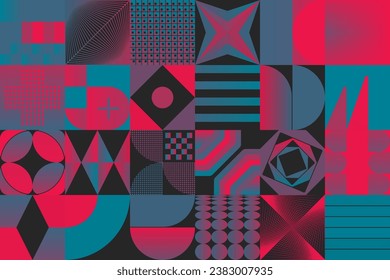 Modern vector seamless pattern graphics made with bizarre psychedelic color gradients and abstract geometric shapes and minimalist geometry forms. 