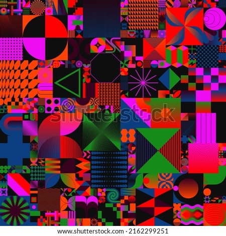 Modern vector seamless pattern graphics made with bizarre psychedelic color gradients and abstract geometric shapes and minimalist geometry forms. 