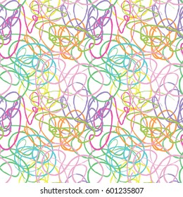 Modern vector seamless pattern with hand drawn colorful chalk lines scribbles.Cute childish doodles in pastel colors on white background.