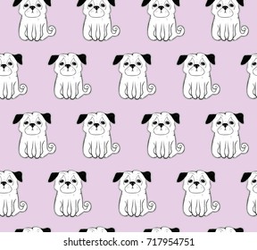 Modern vector seamless pattern with  hand drawn pugs. All elements are  hidden under mask. Pattern are not cropped and can be edited. Cute dog, pet, animal