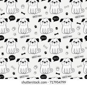 Modern vector seamless pattern with  hand drawn pugs. All elements are  hidden under mask. Pattern are not cropped and can be edited. Cute dog, pet, animal