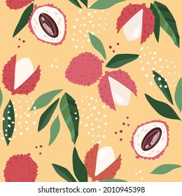 Modern vector seamless pattern with lychee fruits. Trendy abstract design. Hand drawn textures for printing on fabric, paper, cover, interior decor, posters.