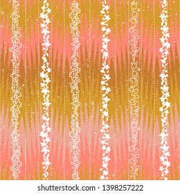 Modern vector seamless pattern with simple flowers and abstract chevron background. Fabric look geometric repeat in retro pastel colors with zig zag shapes and texture.