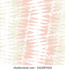 Modern vector seamless pattern with simple flowers and abstract chevron background. Fabric look geometric repeat in retro pastel colors with zig zag shapes and texture.