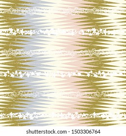 Modern vector seamless pattern with simple flowers and abstract chevron background. Fabric look geometric repeat in retro pastel colors with zig zag shapes and texture.