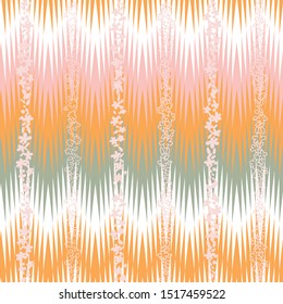Modern vector seamless pattern with simple flowers and abstract chevron background. Fabric look geometric repeat in retro pastel colors with zig zag shapes 
