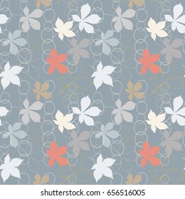 
Modern vector seamless pattern with simple abstract geometric shapes and hand drawn floral elements - chestnut tree leaves in pastel colors.
