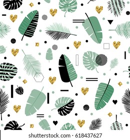 Modern vector seamless pattern with  trendy geometric elements and tropical leaves. All elements are  hidden under mask. Pattern are not cropped and can be edited.