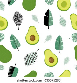 Modern vector seamless pattern with  trendy  tropical leaves and avocado. All elements are  hidden under mask. Pattern are not cropped and can be edited