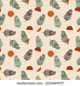 Patrón vectorial moderno sin fisuras con hojas tropicales y formas orgánicas. Huella contemporánea de la pared. Papel pintado de jungla minimalista. Fondo de moda de estilo nórdico. Textura de moda botánica