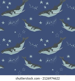 Modern vector seamless pattern with whales and stars on blue background. Beautiful onamental animal print, fairytale fantasy illustration