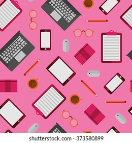 Modern vector seamless texture of workplace. Top view pattern with flat computers and working tools for creative people. Business pattern concept with gadgets for creative people