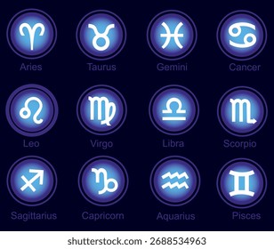 A modern vector set of 12 zodiac signs with a luminous blue and white design. Perfect for web, apps, print, and merchandise. Scalable, complete set.
