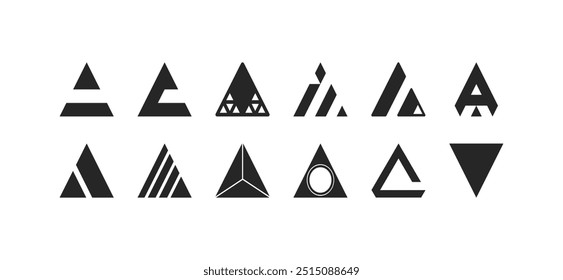 Modern vector set of abstract geometric shapes featuring triangle icons, perfect for creative illustration and design projects that require a unique and stylish geometric aesthetic.
