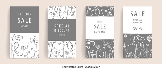 Modern vector set of banners with floral ornaments can be used as a business cards  design template. Layout for social media posting, story, mobile phone, internet, ad with copy space for text