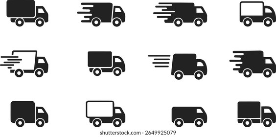 A modern vector set of black delivery truck icons, perfect for logistics, shipping, and transport designs. Includes icons for express service, online shop, and global shipping.