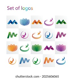 Modern, vector set of bright, abstract eco logos in gradient in shape of lotus, flower, birds. Geometric, ribbon business icons, symbols, emblems for brand, company. Corporate identity of company.