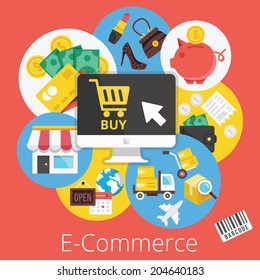 Modern Vector Set of Flat Design Icons for Ecommerce and Internet Shopping. Concept of Buying Products via Virtual Market .E-commerce Symbols, Ideas, Illustrations. Isolated on Stylish Red Background.