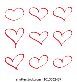 Modern vector set of hand drawn red hearts. scribble emblem like happy valentine day. 