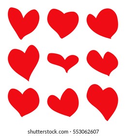Modern vector set of hand drawn red hearts. 