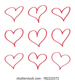 Modern vector set of hand drawn red hearts. scribble emblem like happy valentine day. 
